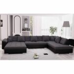 BESTMOBILIER BELMONT – Canapé d’angle droit 7 places, panoramique XXL en U – Noir / Gris