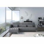 SKRAUT HOME – Canapé-lit chaise longue Milano 267cm, convertible en lit, réversible – Gris clair avec rayures