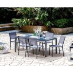 Ensemble repas de jardin 6 personnes Aluminium - Table avec plateau en verre 180 x 90 cm + 6 chaises et assise textilène - Gris
