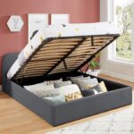 Lit coffre scandinave 160x200 gris foncé avec tête de lit + sommier à lattes - Collection Lena